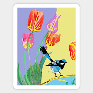 Abstract Blue Wren and Tulips Painting - on Harlequin Sticker